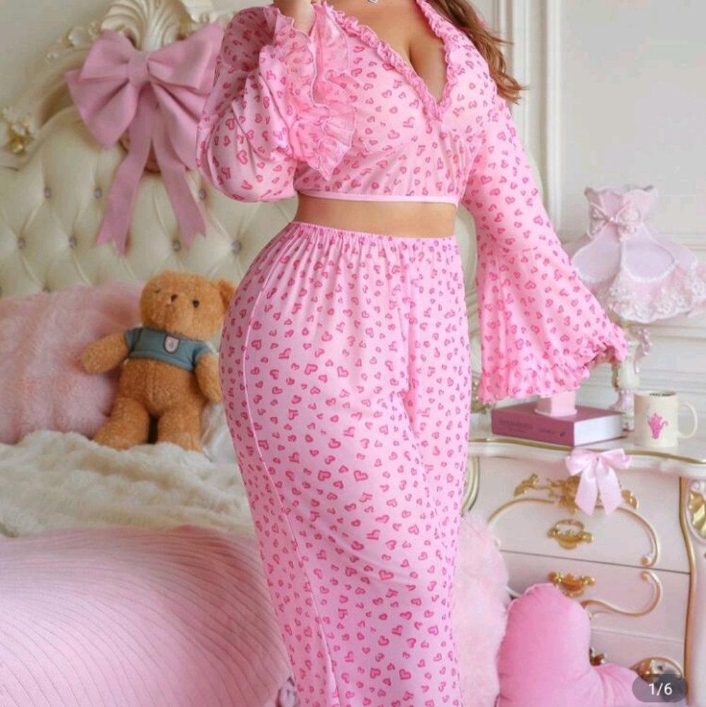 Pink Heart Pattern Pants And Top